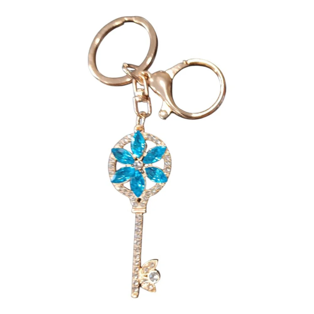 Skeleton Key Flower Keychain Purse Charm in Blue